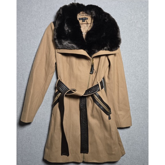 Via Spiga Womens Size 6 Wool Blend Faux Fur Collar Winter Belted Coat Deep Camel